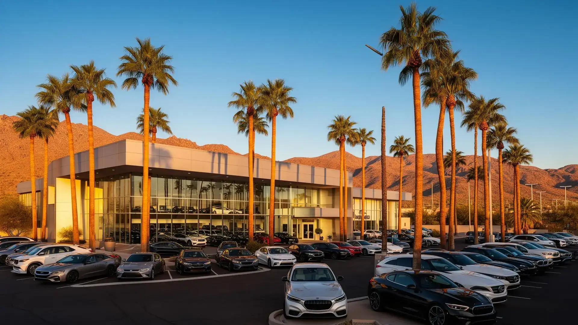 Soza Automotive Group dealership exterior with palm trees and Arizona mountains at golden hour